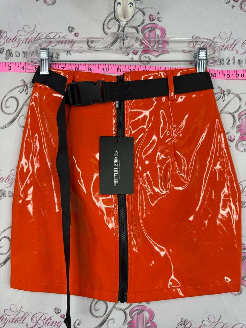 PrettyLittleThing Orange vinyl neon belted High-Shine PVC Zip Mini Skirt NEW